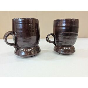 Artisan Pottery Mugs Pair Brown Glazed‎ Ceramic Coffee Tea Cups Handmade